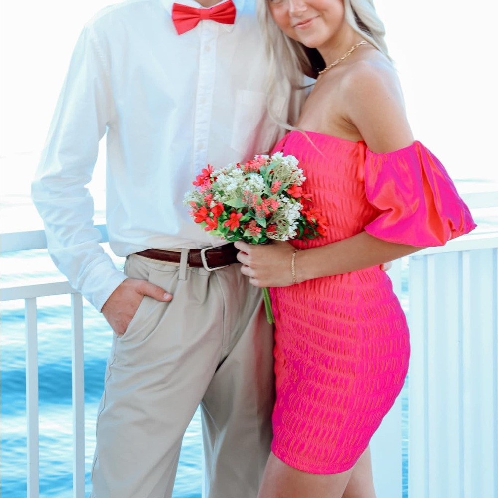 Seven Wonders Hot Pink Off the Shoulder Puff Sleeve Bodycon Smocked Mini Dress